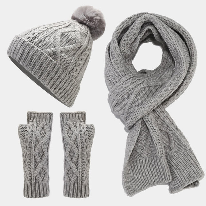 Set di 3 guanti senza dita con sciarpa e cappello lavorati a maglia da donna