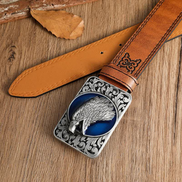 Cintura da uomo in pelle western con testa d'aquila calva rettangolare