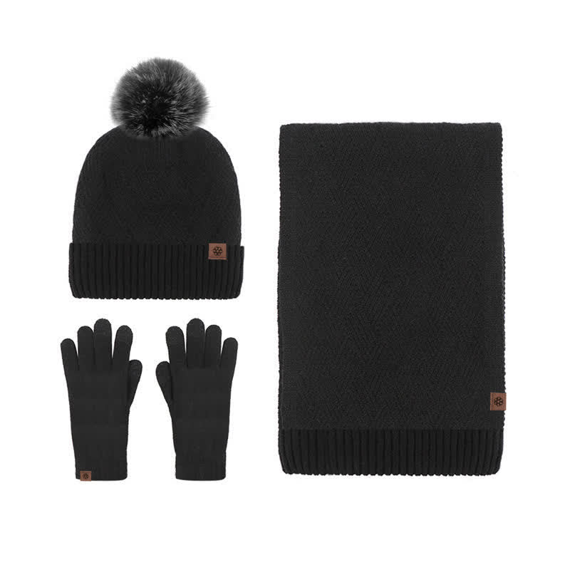 Set 3 pezzi da donna pompon cappello sciarpa guanti touchscreen set