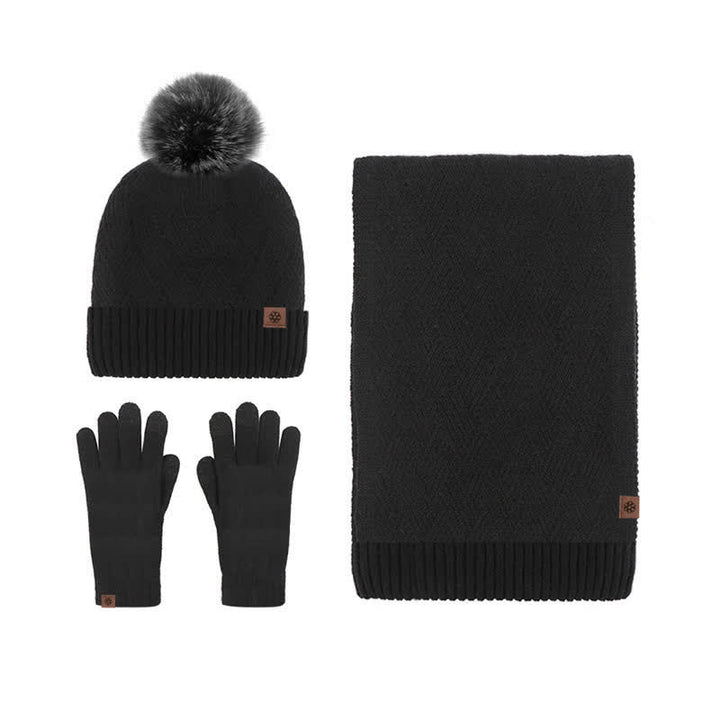 Set 3 pezzi da donna pompon cappello sciarpa guanti touchscreen set