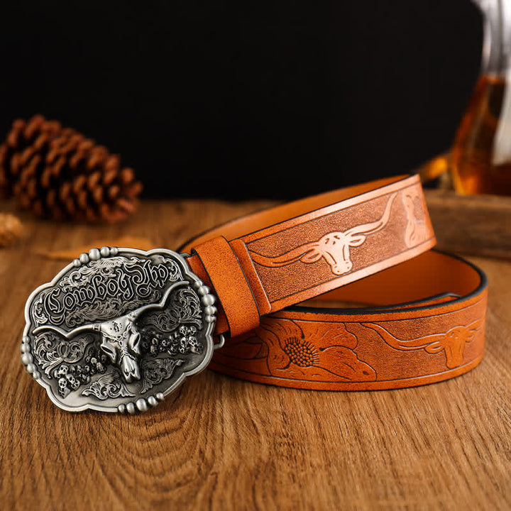 Cintura da uomo in pelle di toro con teschio gotico da cowboy