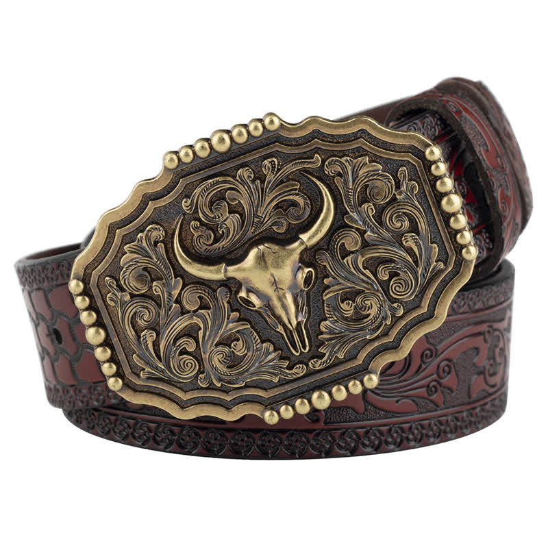 Cintura classica in pelle con teschio di toro floreale da uomo