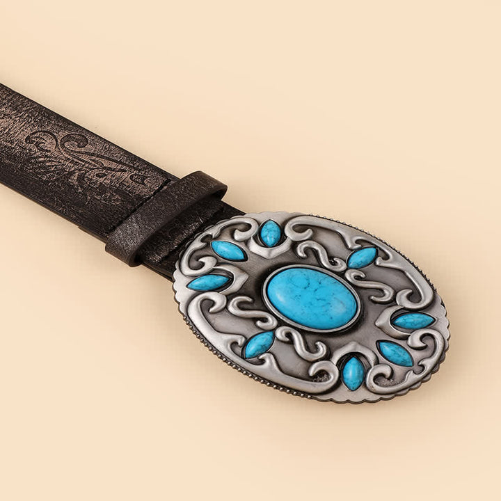 Cintura in pelle con fibbia ovale con decorazione turchese da donna
