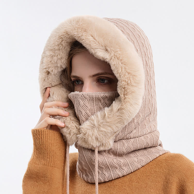 Cappello lavorato a maglia con cappuccio e maschera per il viso color caramella da donna
