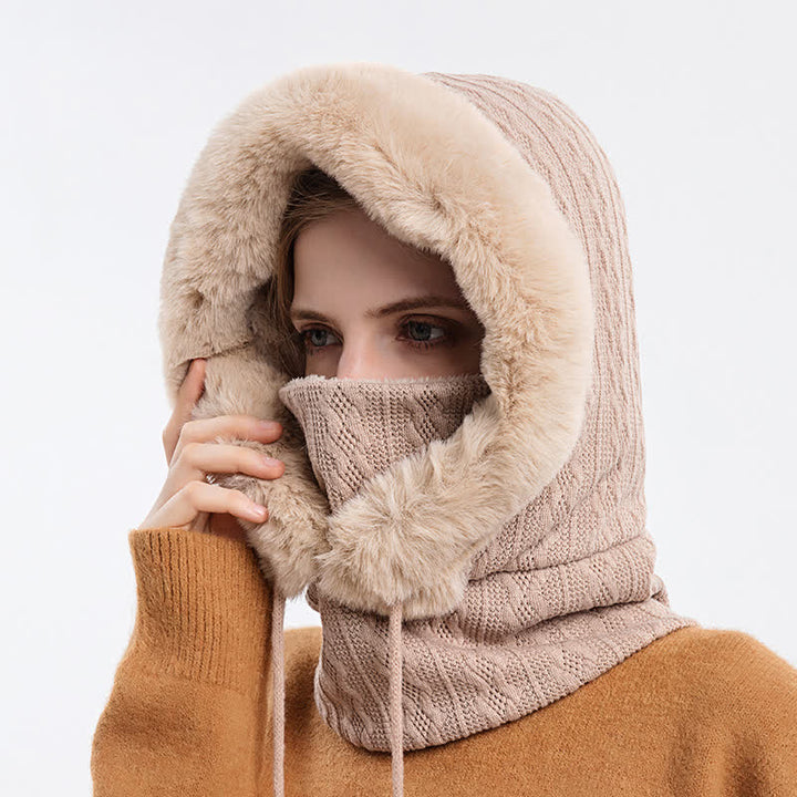 Cappello lavorato a maglia con cappuccio e maschera per il viso color caramella da donna