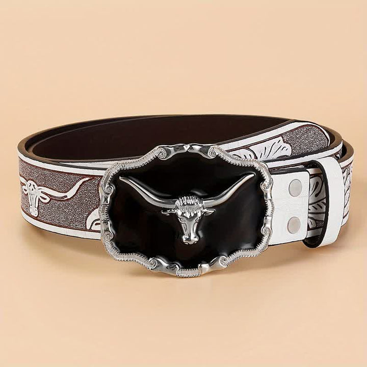 Cintura da uomo in pelle con testa di toro Longhorn Western nera - Bianco - 40 - image 1