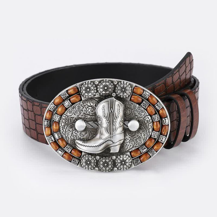 Cintura in pelle con perline di legno da uomo con stivali da cowboy