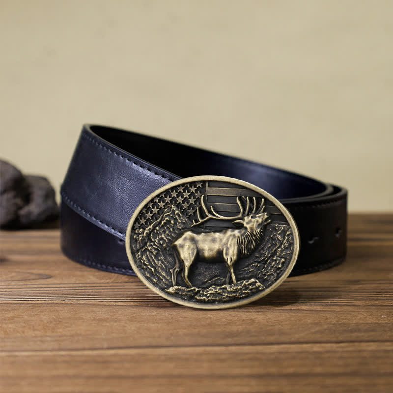 Cintura in pelle fai da te con fibbia della bandiera americana a forma di cervo e alce da uomo - Bronzo antico - Cintura PU nera (40) - image 7