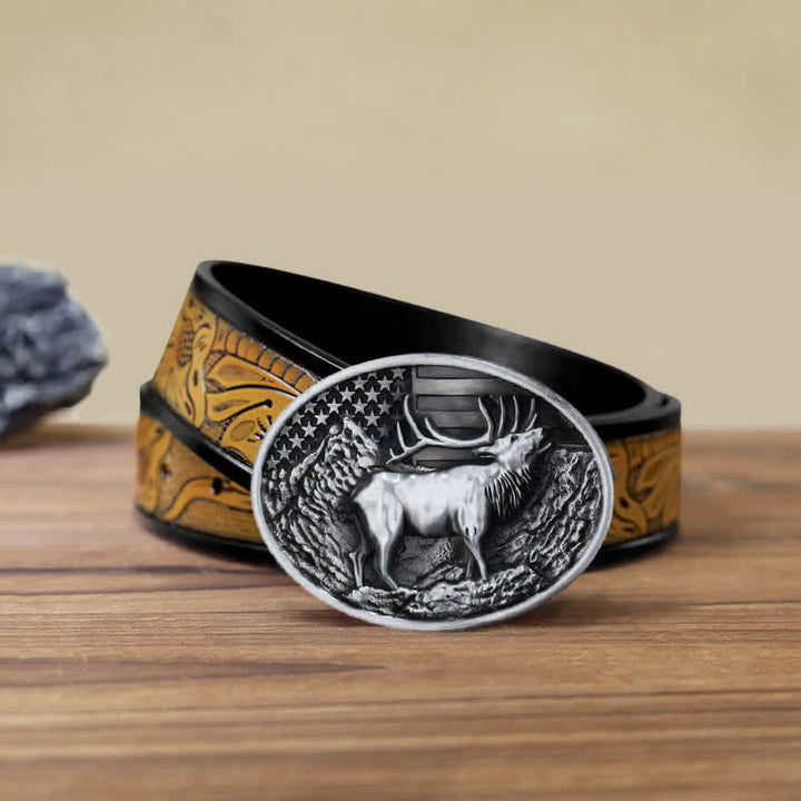 Cintura in pelle fai da te con fibbia della bandiera americana a forma di cervo e alce da uomo - Argento antico - Cintura marrone sabbia (40) - image 21