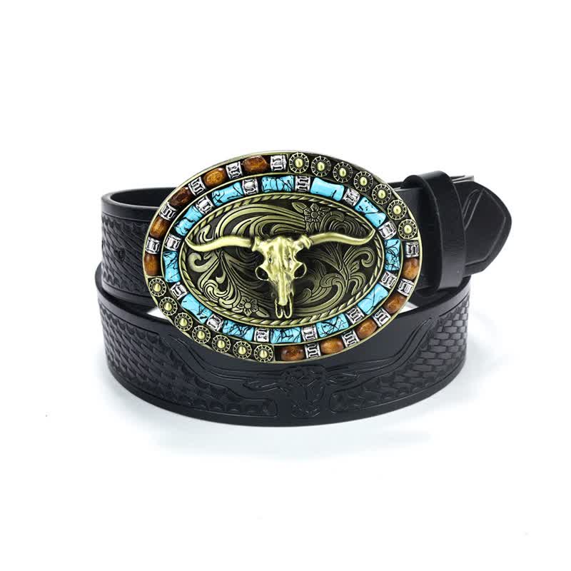 Cintura da uomo in pelle di toro turchese da cowboy western - Nero / Oro - 40 - image 20