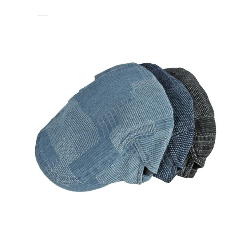 Berretto piatto in denim lavato con motivo a quadri