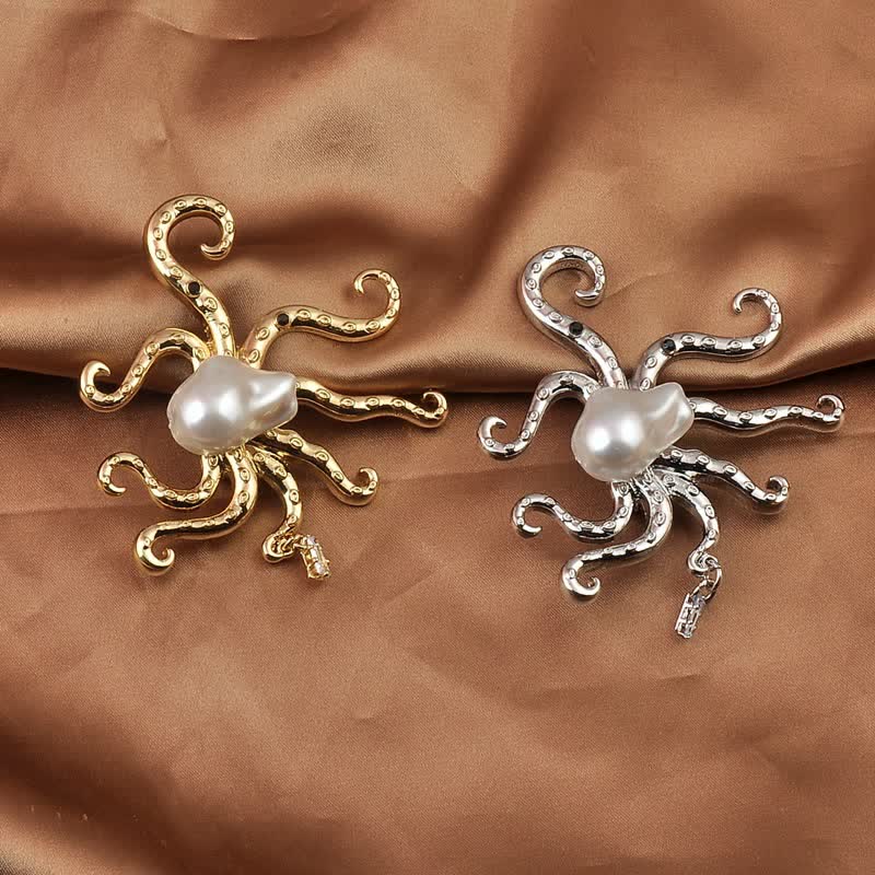 Spilla unisex con grande perla a forma di polpo tropicale