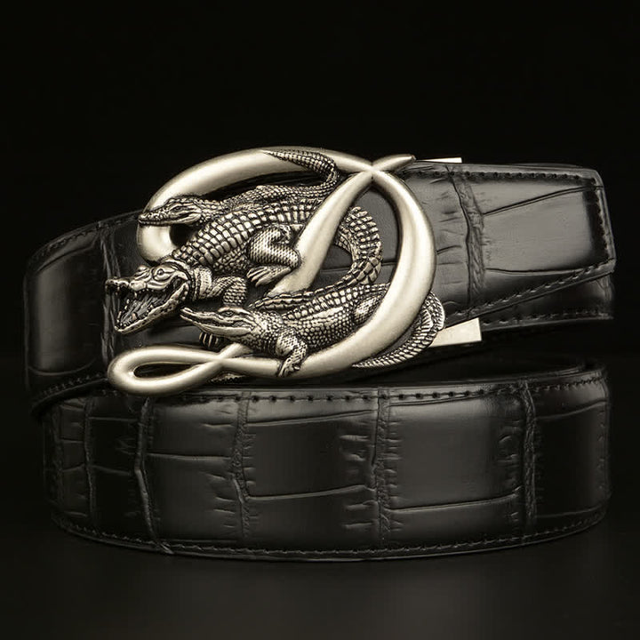 Cintura da uomo in pelle con fibbia in coccodrillo e motivo alligatore - Stile n. 1 - Argento e nero - 46 - image 8