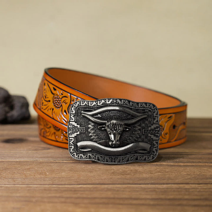 Cintura in pelle fai da te da uomo con fibbia a forma di toro Longhorn quadrato in argento