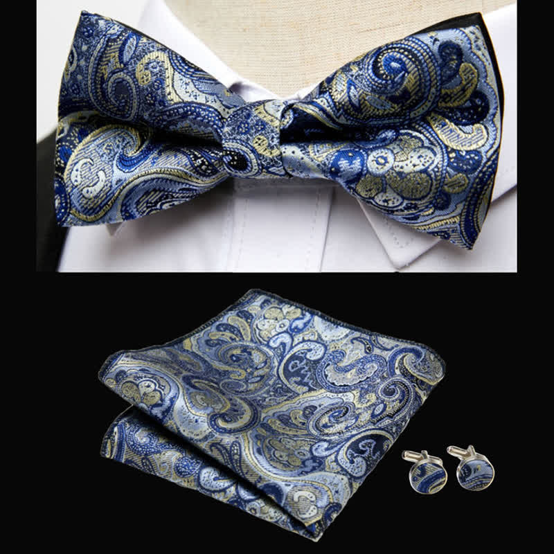 Set di 3 fazzoletti da taschino con papillon Paisley di lusso da uomo - Azzurro chiaro - image 1