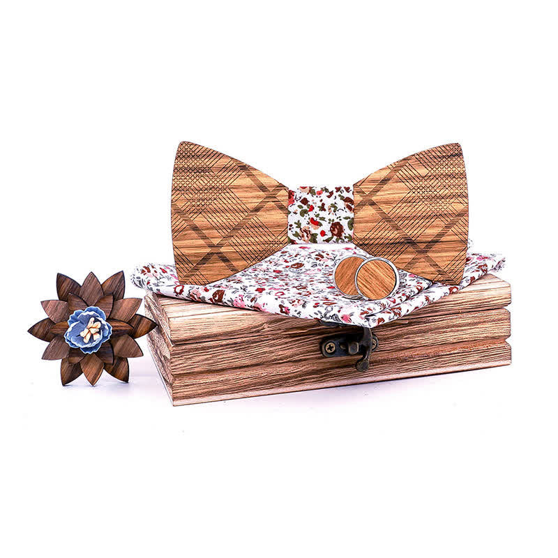 Set di 4 papillon in legno a quadri classici da uomo - Bianco e rosso floreale - image 9