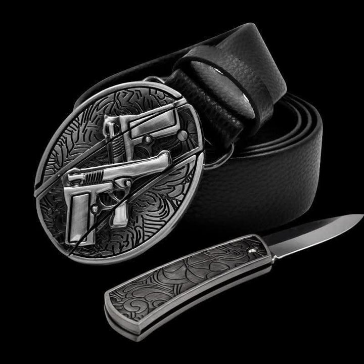Cintura in pelle da uomo con doppia pistola e coltello pieghevole