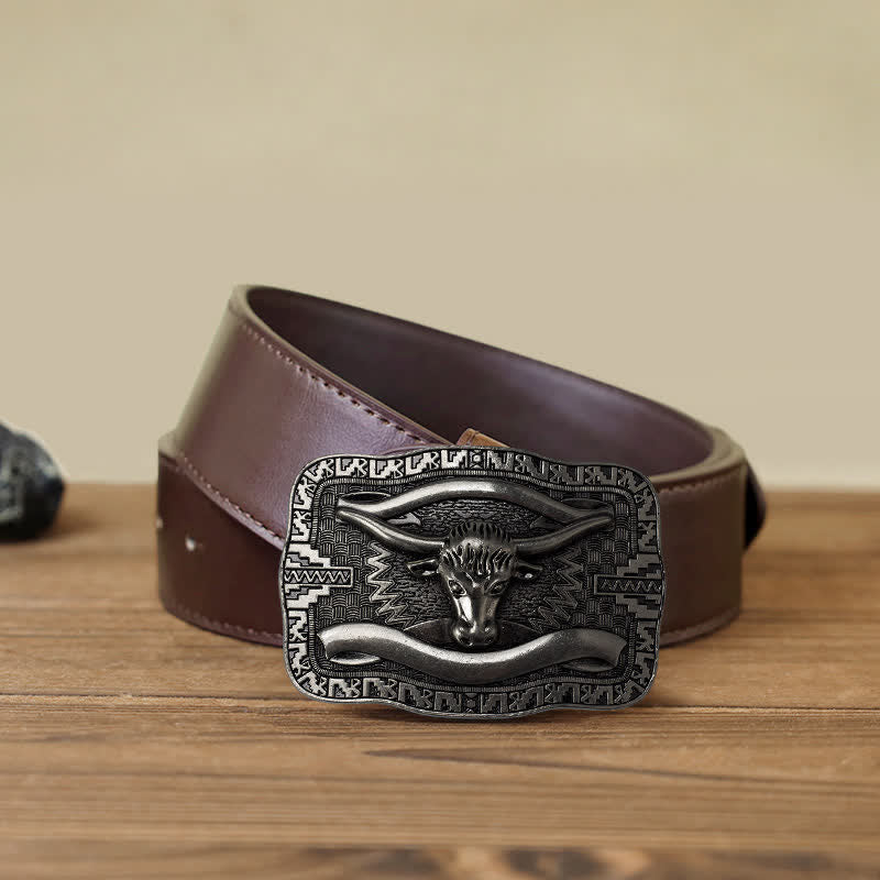 Cintura in pelle fai da te da uomo con fibbia a forma di toro Longhorn quadrato in argento