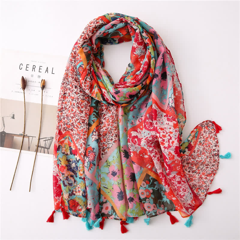 Sciarpa con nappe floreali e stampa bohémien da donna