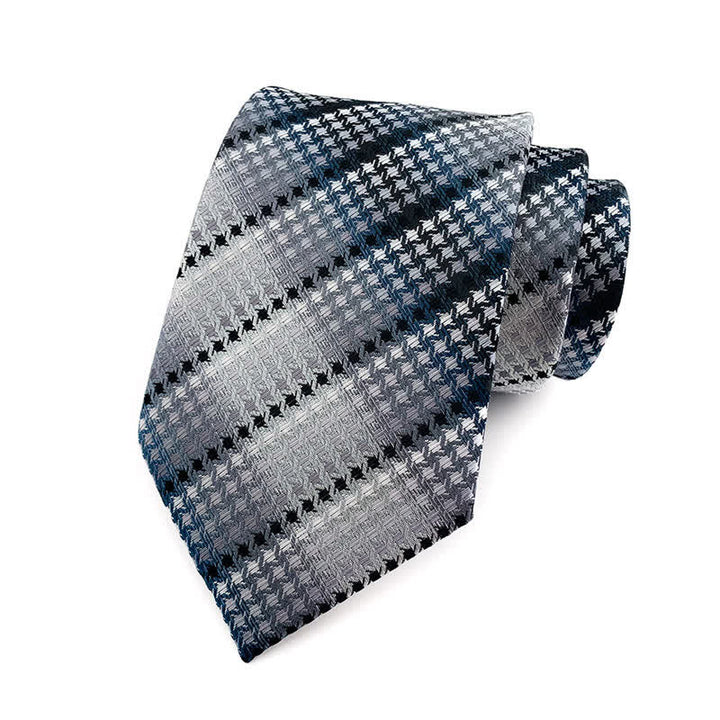 Cravatta da uomo a righe pied de poule grigio argento