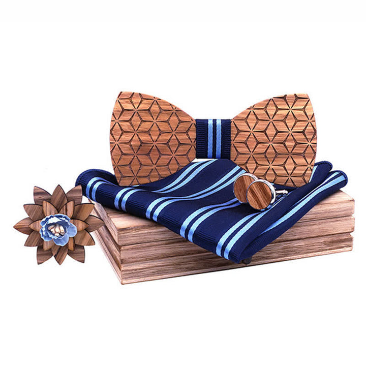 Set di 4 papillon in legno con intaglio geometrico da uomo - Strisce blu - image 6