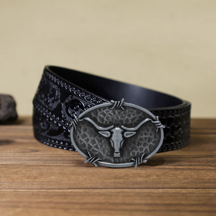 Cintura in pelle con fibbia martellata a forma di testa di toro da cowboy fai da te da uomo - Argento antico - Cintura nera intagliata (40) - image 15