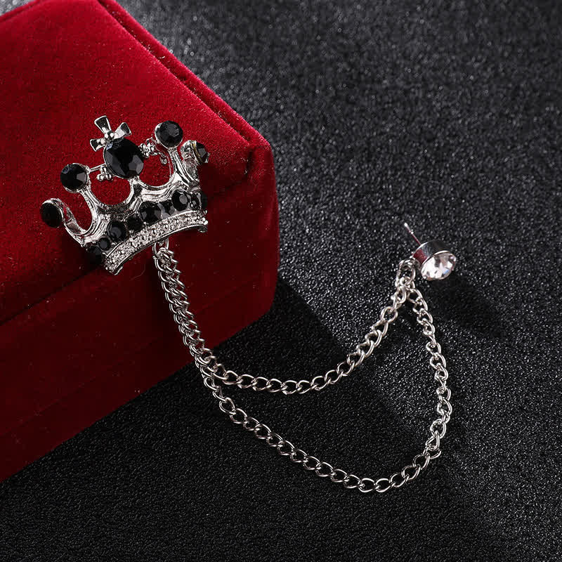 Spilla da uomo con catena a corona retrò e strass - Argento e nero - image 8