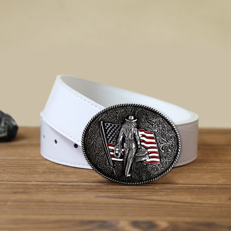 Cintura in pelle con fibbia della bandiera americana da cowboy fai da te da uomo - Argento antico - Cintura PU bianca (40) - image 10