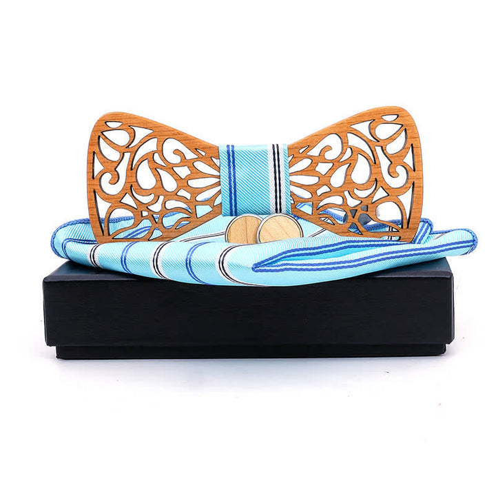 Set di 3 cravatte a farfalla in legno cavo vintage da uomo - Strisce blu cielo - image 7