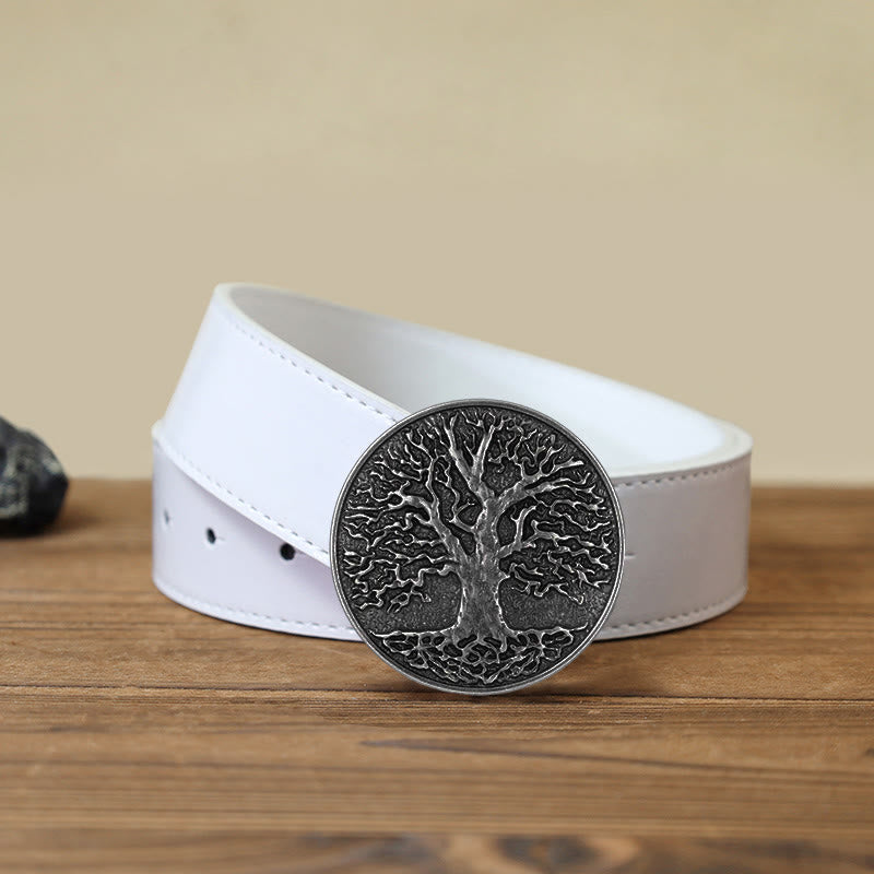 Cintura in pelle con fibbia rotonda fai da te con albero della vita da uomo - Argento - Cintura PU bianca (40) - image 11