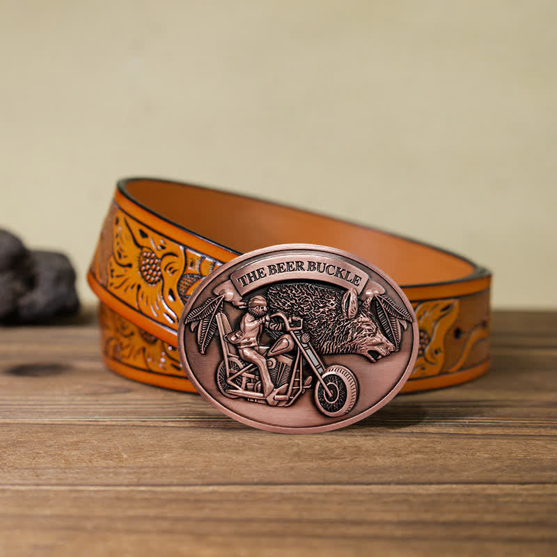 Cintura in pelle con fibbia porta birra creativo fai da te per motocicletta da uomo - Rame - Cintura intagliata arancione (40) - image 34