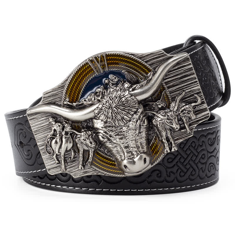 Cintura in pelle goffrata Longhorn Bull da uomo - Nero / Argento - 46 - image 0