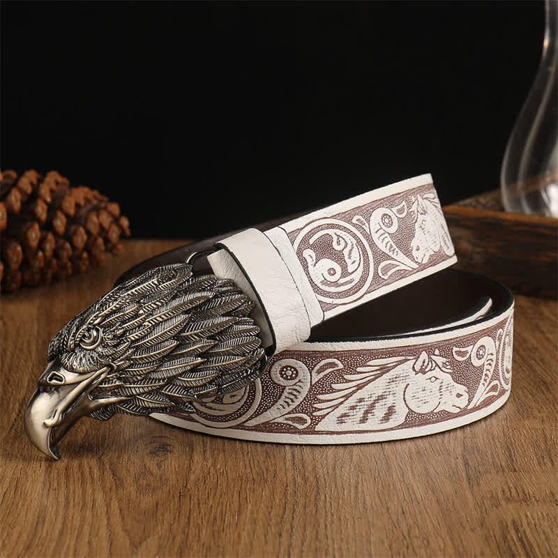 Cintura da uomo in pelle western con testa d'aquila e avvoltoio realistico - Bianco / Argento - 42 - image 2
