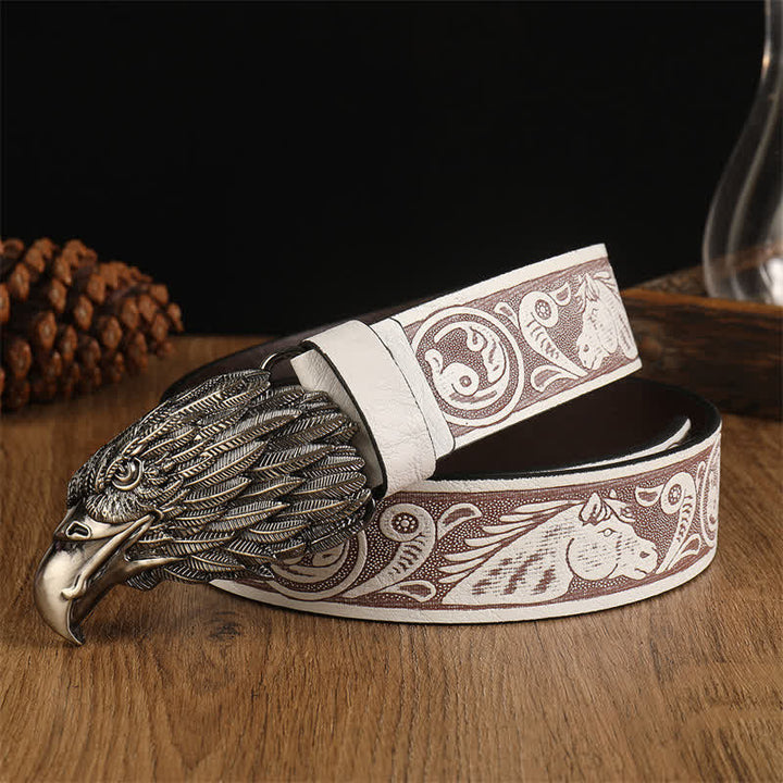 Cintura da uomo in pelle western con testa d'aquila e avvoltoio realistico - Bianco / Argento - 42 - image 2
