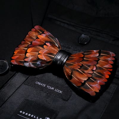 Papillon con piume marrone e nero con spilla da bavero - image 1