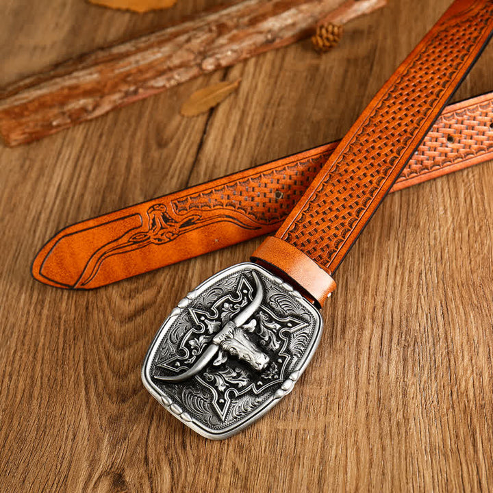 Cintura da uomo in pelle stampata con testa di mucca in stile western - image 9