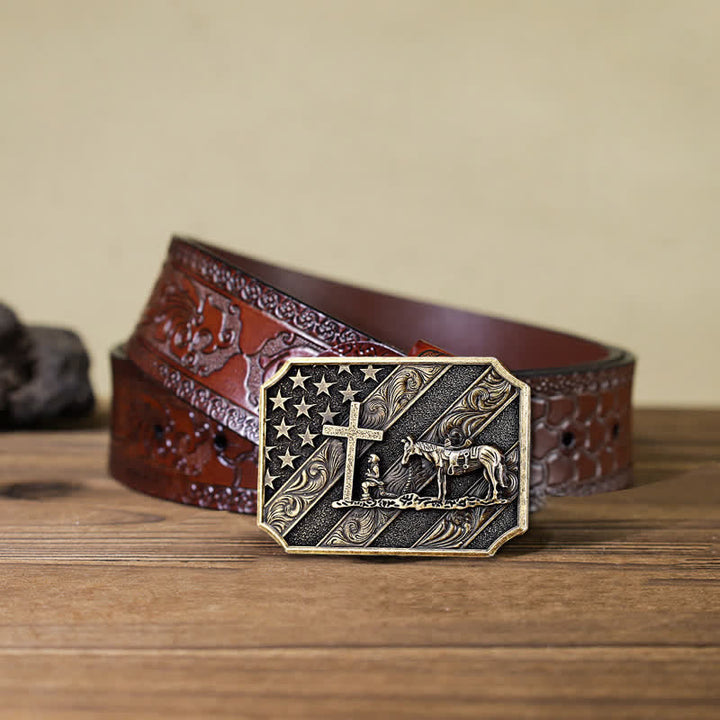 Cintura in pelle fai da te da uomo con fibbia a forma di cavallo con croce e bandiera americana
