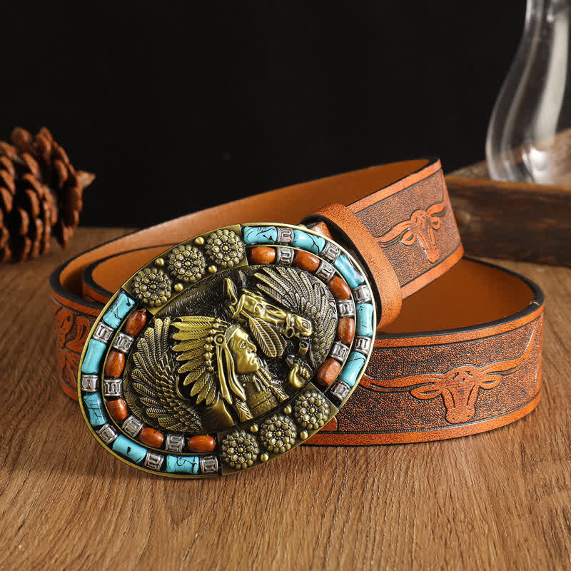 Cintura in pelle turchese con motivo boho indiano da uomo - Marrone - 42 - image 0