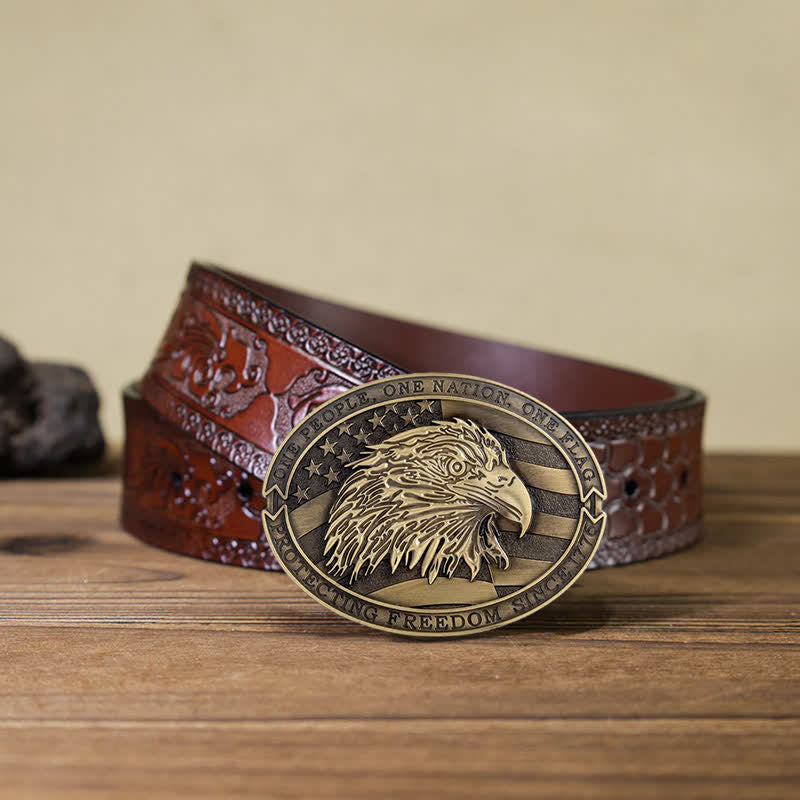 Cintura in pelle con fibbia della bandiera USA con aquila calva patriottica fai da te da uomo - Bronzo antico - Cintura marrone intagliata (40) - image 17
