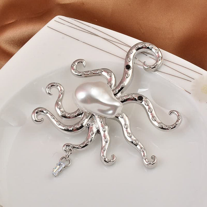 Spilla unisex con grande perla a forma di polpo tropicale - Argento - image 0