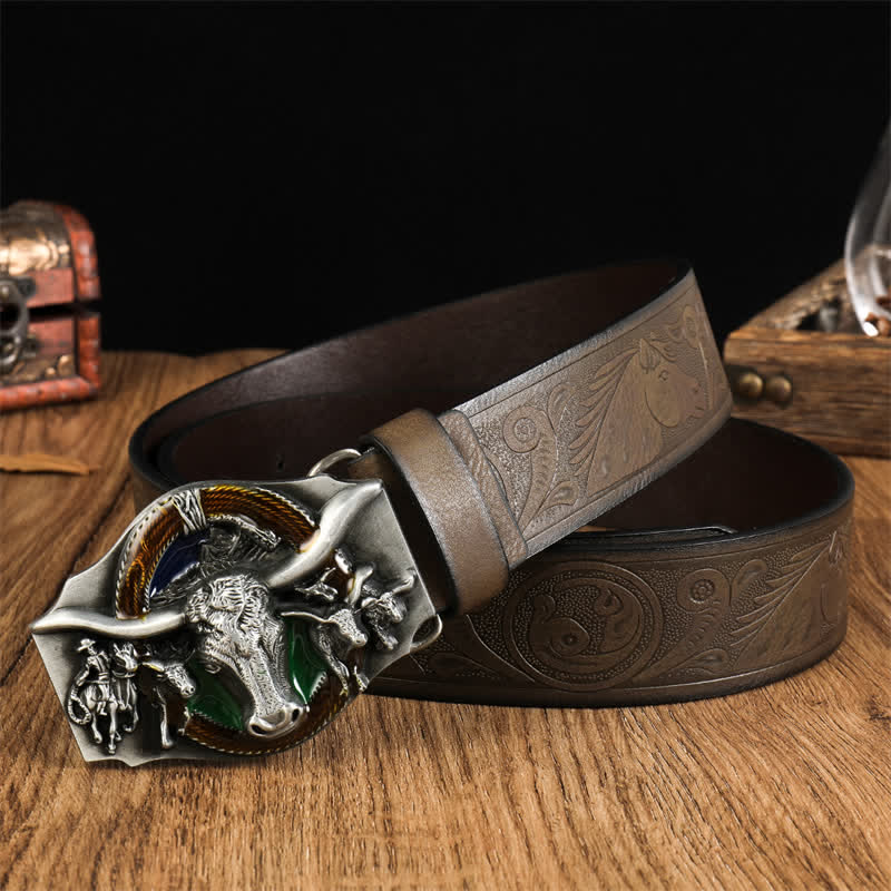 Cintura in pelle con testa di toro dominante da uomo