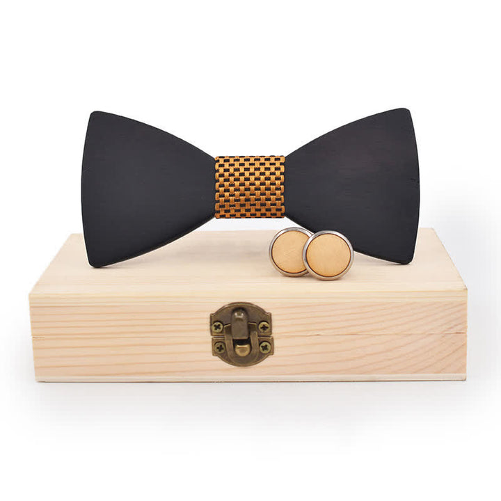 Set di 2 gemelli da uomo in legno nero con papillon