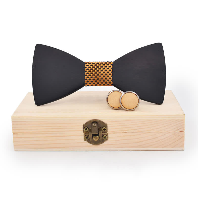 Set di 2 gemelli da uomo in legno nero con papillon - Trama d'oro - image 0