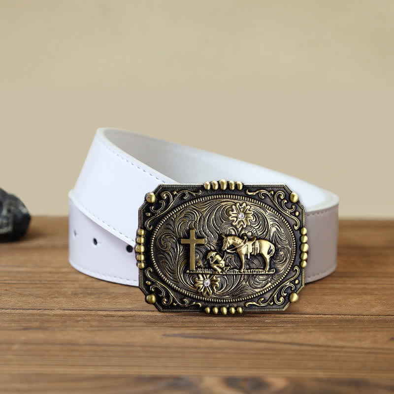 Cintura in pelle fai da te da uomo con fibbia per preghiera inginocchiata a forma di croce di cavallo