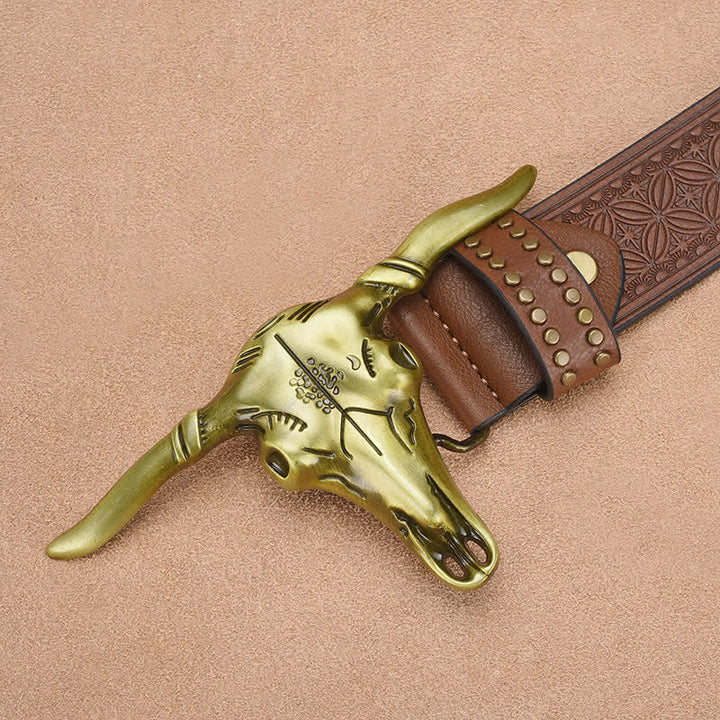 Cintura da uomo in pelle goffrata con rivetto a testa di bovino western - image 3