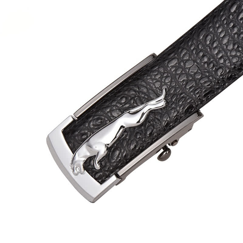 Cintura da uomo in pelle con fibbia automatica leopardata e motivo alligatore