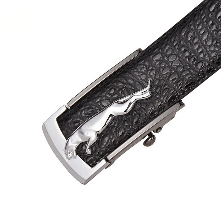 Cintura da uomo in pelle con fibbia automatica leopardata e motivo alligatore