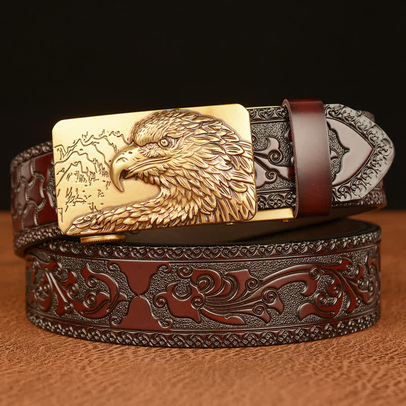 Cintura da uomo in pelle intagliata con testa d'aquila - Oro e marrone - 46 - image 0