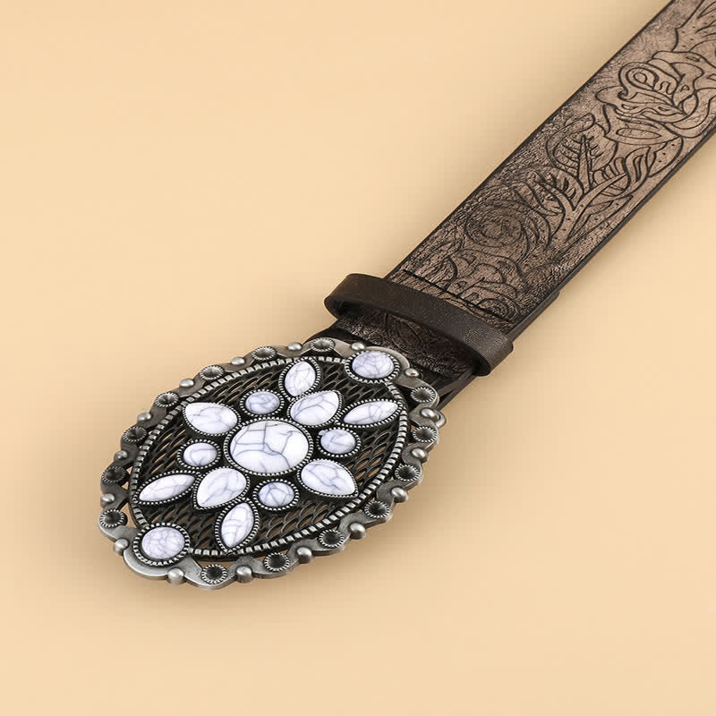 Cintura in pelle goffrata con gemme bianche etniche da donna