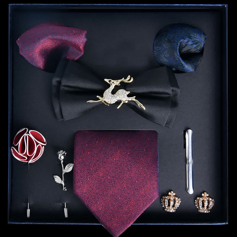 8 pezzi papillon con stampa nobile di lusso nero e bordeaux in scatola regalo - Nero e Borgogna - image 0